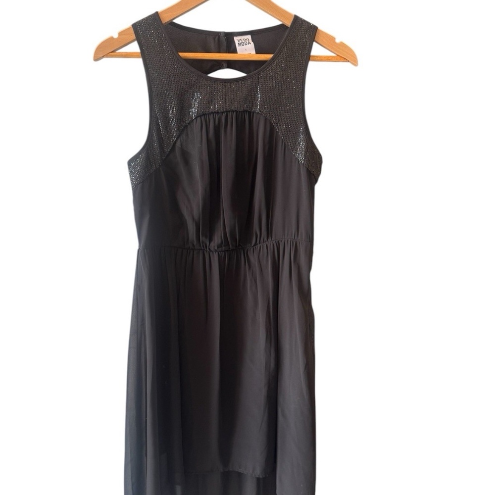 Vera Moda Black Dress High Low Small Sequins Keyhole Back